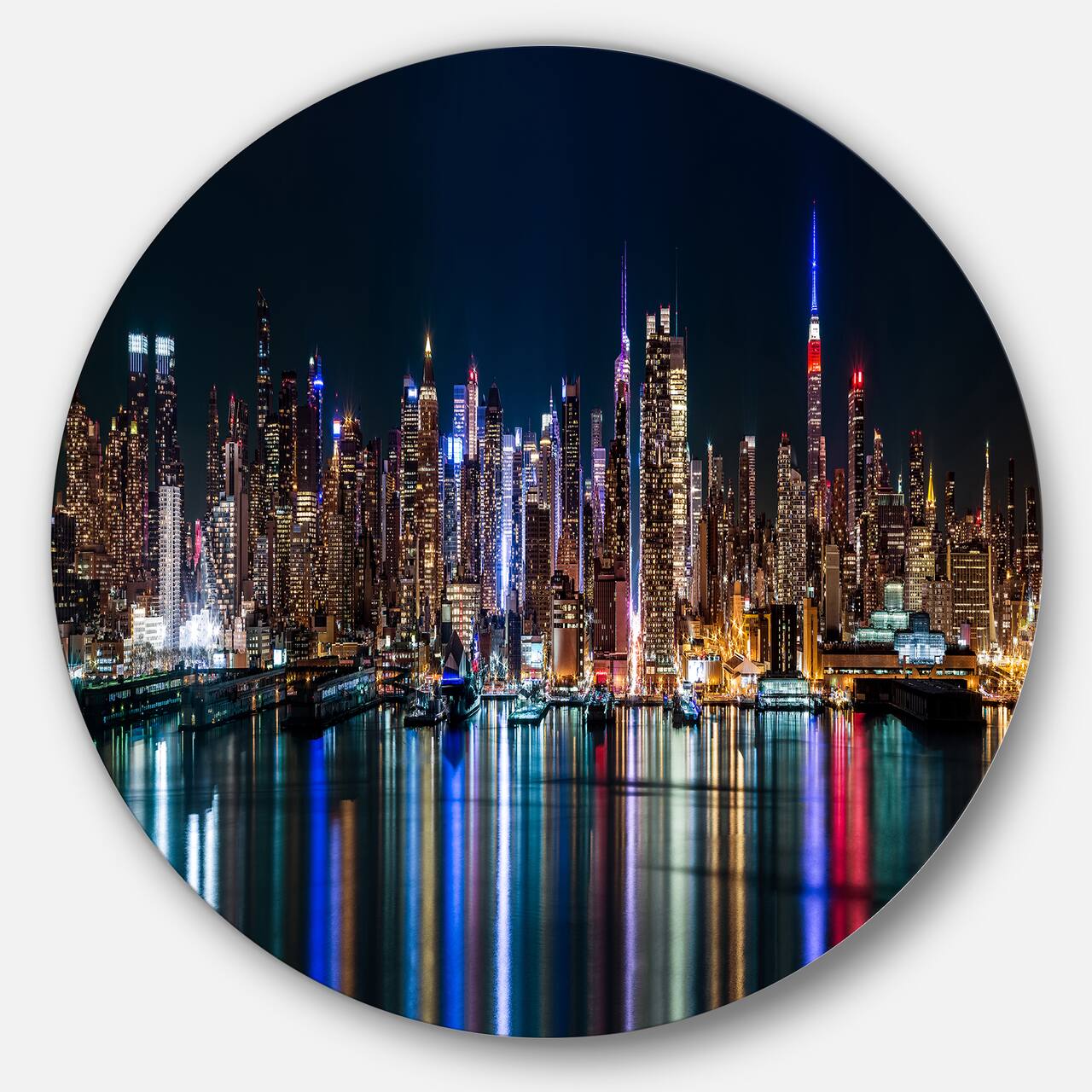 Designart - New York Midtown Night Panorama' Extra Large Metal Circle Wall Art